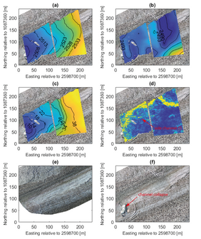 Figure 6 of the article "Characterization of subglacial marginal channels". (d) shows the instantaneous GPR amplitude at the glacier bed, displaying a major subglacial channel in yellow.