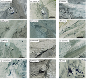 Examples of collapse features at different Swiss Alpine glaciers