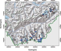 Image 1 in 'Subglacial Channels, Climate Warming and...": Overview of 22 glaciers in the Swiss Alps. Glaciers with collapse features are in dark blue. 